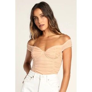 NWT Lulu's Nude Blush Off-Shoulder Ruched Bodysuit